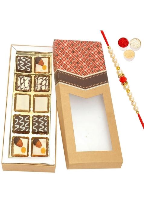Ghasitaram Gifts Rakhi for Brothers Sweets - 10 pcs Assorted Choco Dryfruit Bites Kraft Box with Beads