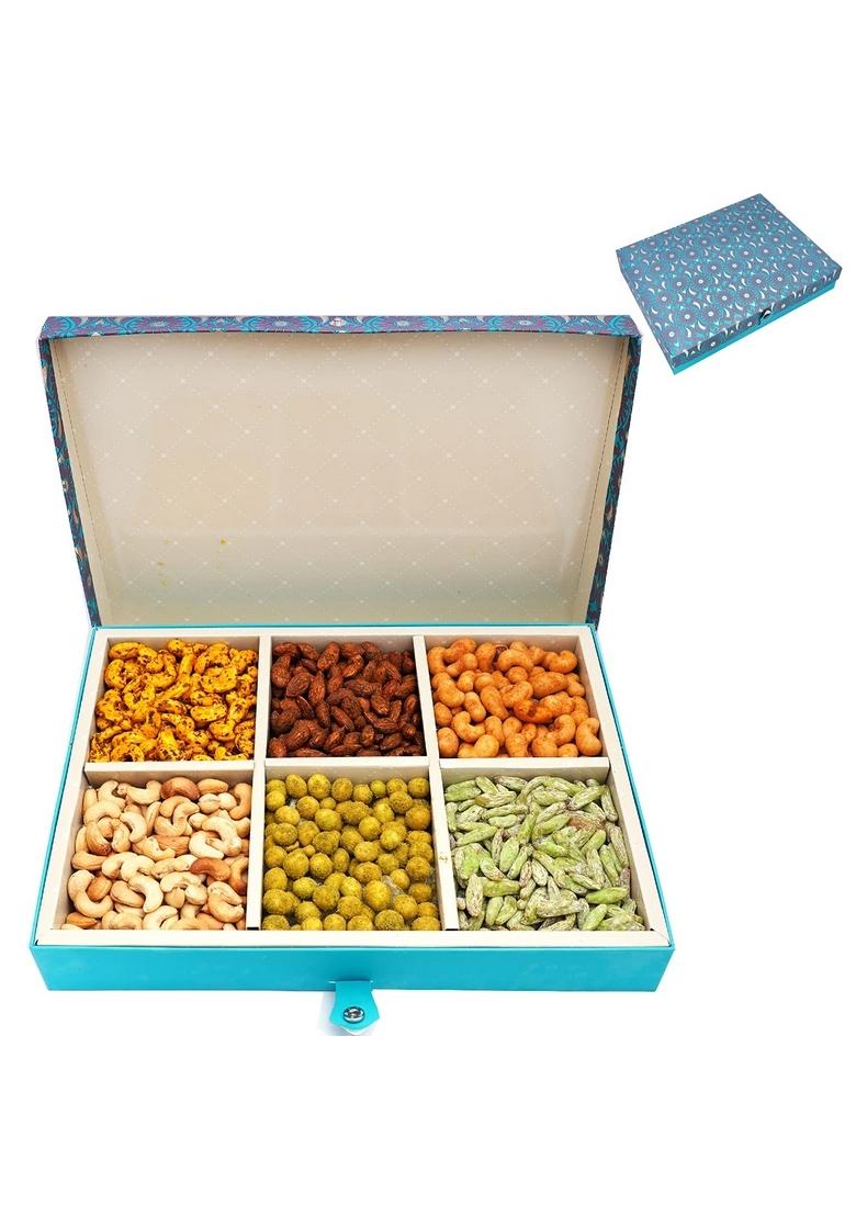 Ghasitaram Gifts Express Delivery Blue 6 Part Flavoured Nuts Box 900 GMS |Gift for Diwali,Holi,Rakhi,Valentine,Christmas,Birthday,Anniversary,Gift Her,Him,Mothers Day,Fathers Day|