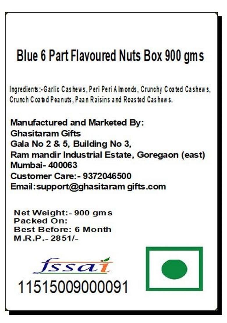 Ghasitaram Gifts Express Delivery Blue 6 Part Flavoured Nuts Box 900 GMS |Gift for Diwali,Holi,Rakhi,Valentine,Christmas,Birthday,Anniversary,Gift Her,Him,Mothers Day,Fathers Day|