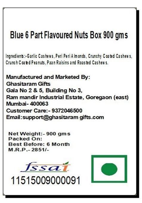 Ghasitaram Gifts Express Delivery Blue 6 Part Flavoured Nuts Box 900 GMS |Gift for Diwali,Holi,Rakhi,Valentine,Christmas,Birthday,Anniversary,Gift Her,Him,Mothers Day,Fathers Day|