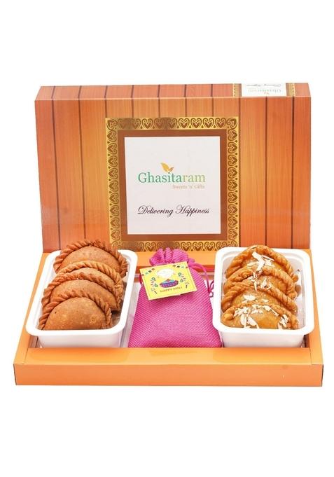 Ghasitaram Gifts Holi Sweets/Thandai Assorted Box of Desi Ghee Gujiyas, Dry Sweet Thandai|Gift Hamper| Diwali Gift Hamper|Food Hampers|Gourmet Hampers|