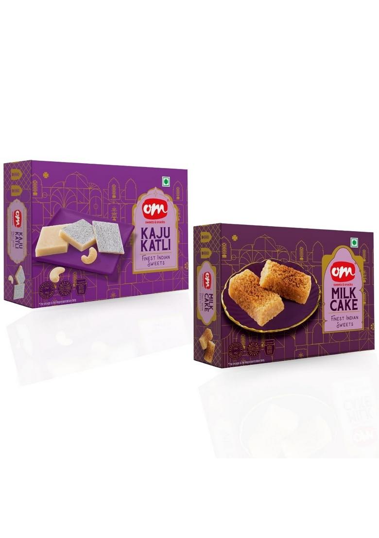 OM SWEETS & SNACKS Milk Cake Kaju Katli Combo | Traditional Indian Sweet Made with Cashew Nuts Mithai Gift Pack Premium Handcrafted Great For Special Occasions 400 g x 2