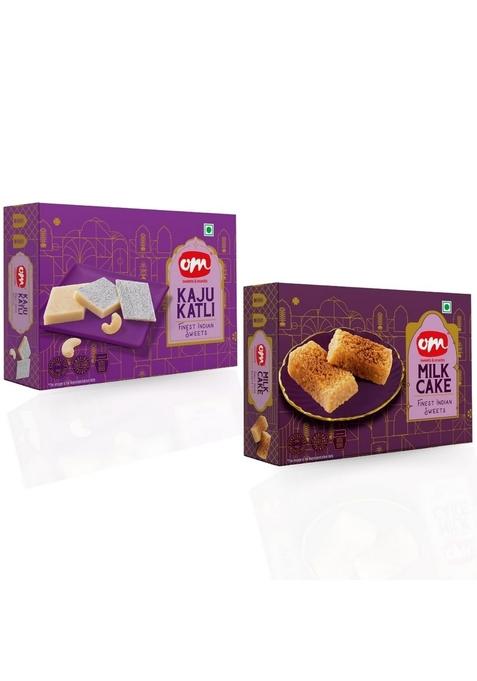 OM SWEETS & SNACKS Milk Cake Kaju Katli Combo | Traditional Indian Sweet Made with Cashew Nuts Mithai Gift Pack Premium Handcrafted Great For Special Occasions 400 g x 2