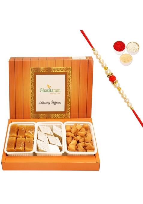 Ghasitaram Gifts Rakhi Gifts/ Sweets - Assorted Box of Kaju Katli, Soft Mysore Pak and Shakar Pada with Pearl Beads