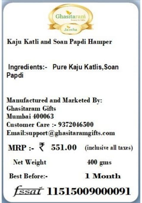 Ghasitaram Gifts Kaju Katli and Soan Papdi Hamper|Sweets|Sweets Gift Pack|Diwali Sweets|Indian Mithai|Diwali Sweets Box