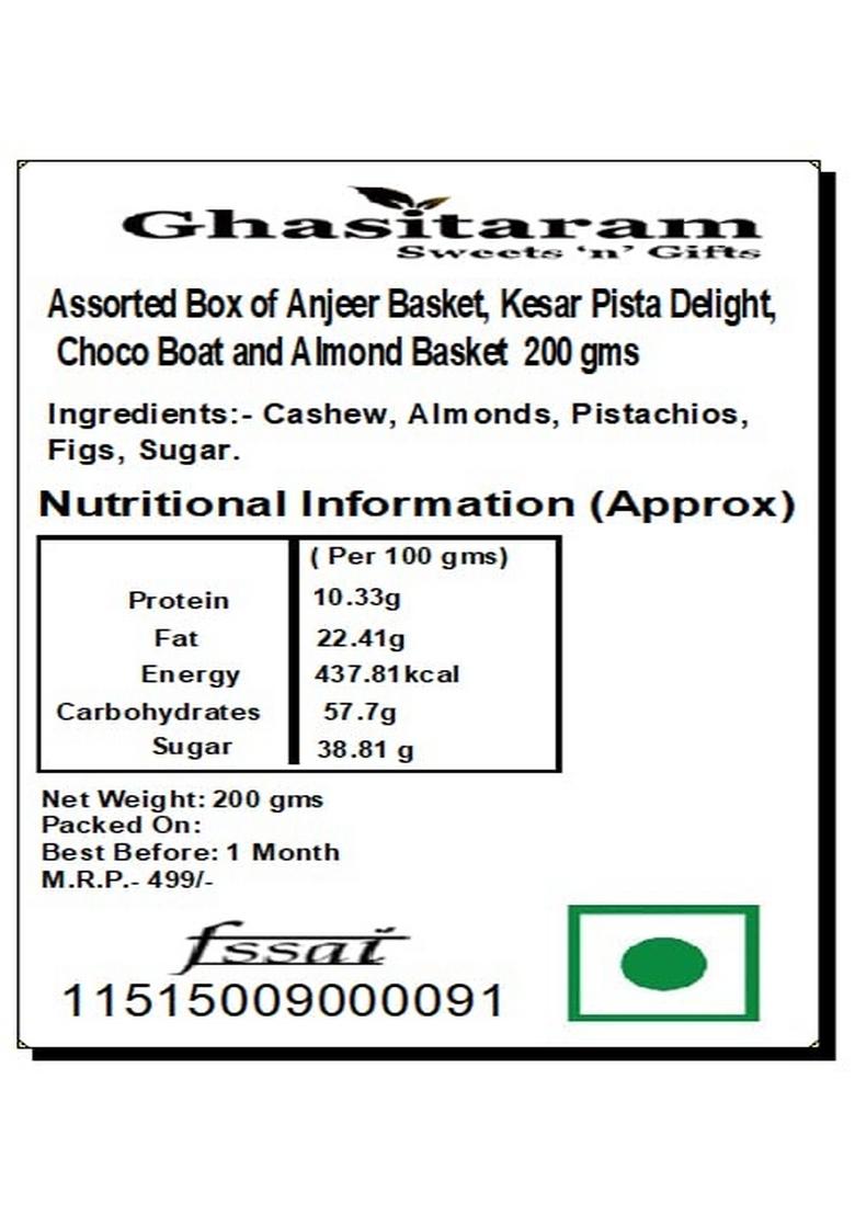 Ghasitaram Gifts Assorted Box of Anjeer Basket, Kesar Pista Delight,Choco Boat and Almond Basket 200 GMS|Sweets|Sweets Gift Pack|Diwali Sweets|Indian Mithai|Diwali Sweets Box|Sweets