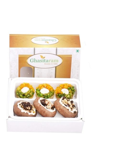 Ghasitaram Gifts Assorted Box of Anjeer Basket, Kesar Pista Delight,Choco Boat and Almond Basket 200 GMS|Sweets|Sweets Gift Pack|Diwali Sweets|Indian Mithai|Diwali Sweets Box|Sweets