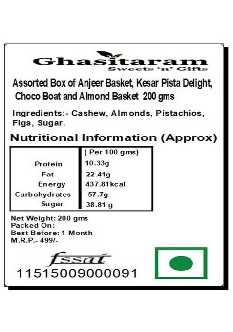 Ghasitaram Gifts Assorted Box of Anjeer Basket, Kesar Pista Delight,Choco Boat and Almond Basket 200 GMS|Sweets|Sweets Gift Pack|Diwali Sweets|Indian Mithai|Diwali Sweets Box|Sweets