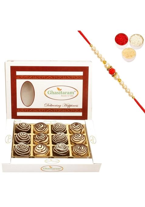 Ghasitaram Gifts Rakhi for Brothers Sweets - Chocolate Galaxy Cashew Laddoos in White Box with Beads