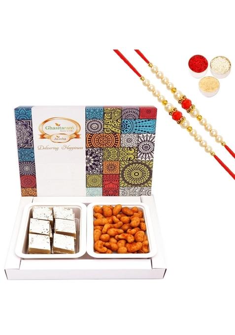 Ghasitaram Gifts Rakhi Gifts/ Sweets - Festive Box of Kaju Katli and Crunchy Cashews with 2 Pearl Beads Rakhis