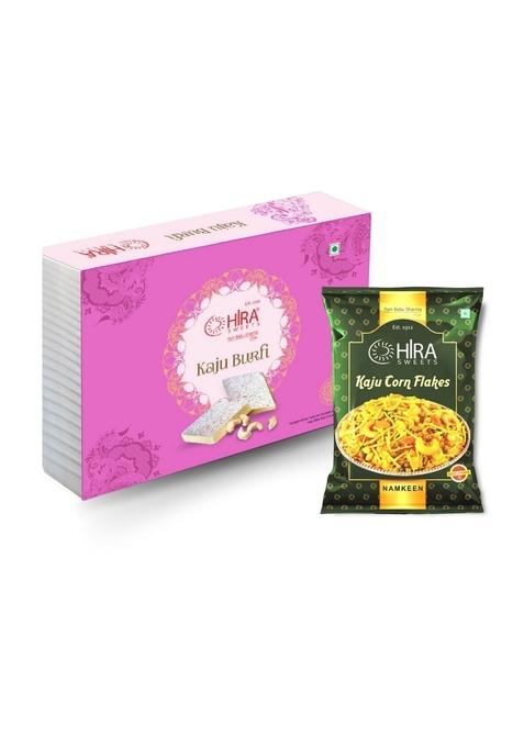 HIRA SWEETS Kaju Burfi (500 g) & Corn Flakes (400 Combo Pack | Indian Traditional Mithai Katli Made With Finest Cashews Namkeen Festival Box