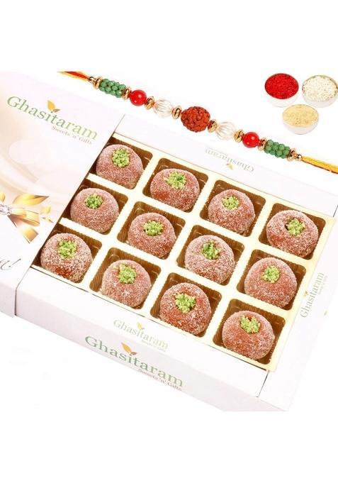 Ghasitaram Gifts Sweets- Mathura Peda in White Box with Rakhi