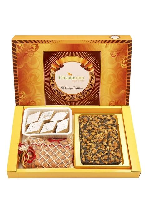 Ghasitaram Gifts Diwali Sweet - Big Box of Walnut Chocolate Bark, Almonds and Kaju Katli|Sweets Gift Pack|Diwali Sweets|Indian Mithai|Diwali Sweets Box|Sweets Box|Kaju Katli