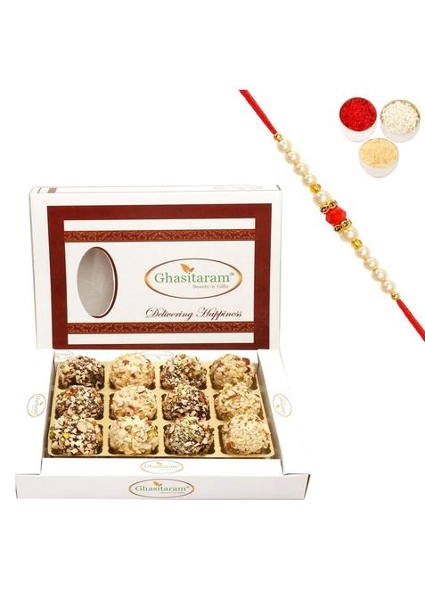 Ghasitaram Gifts Rakhi for Brothers Sweets - Chocolate Dryfruit Laddoos in White Box with Beads