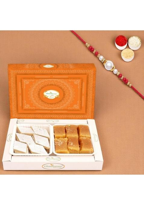 Ghasitaram Gifts Rakhi Gifts/ Sweets - Box of Kaju Katli and Soft Mysore Pak with Pearl Beads
