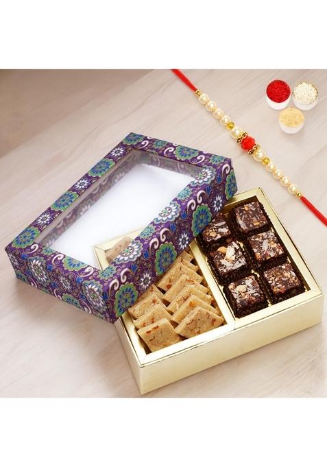 Ghasitaram Gifts Rakhi Gifts/ Sweets - 2 Part Printed Box of Bites and Kaju Katli with Pearl Beads