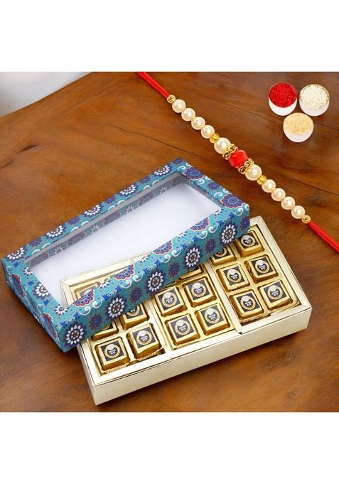 Ghasitaram Gifts Rakhi Gifts/ Sweets - 3 Part Printed Box of MEWA Bites with Pearl Beads