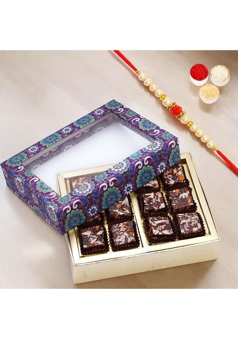 Ghasitaram Gifts Rakhi Gifts/ Sweets - 2 Part Printed Box of Sugarfree Anjeer Bites with Pearl Beads - Indya