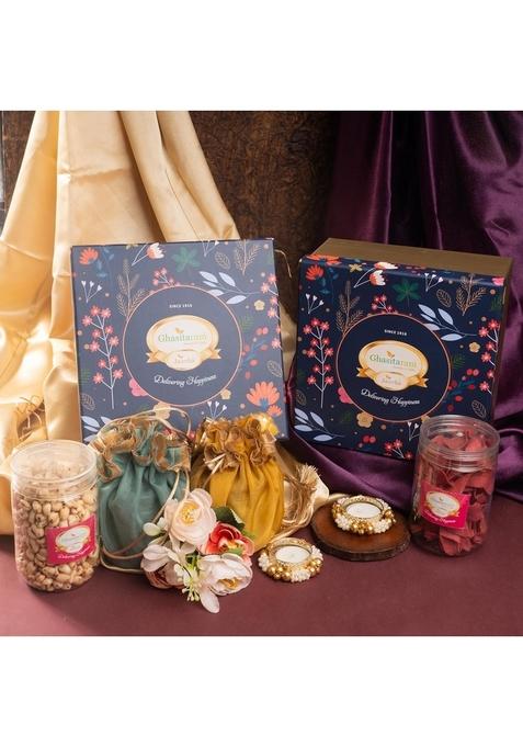 Ghasitaram Gifts Diwali Gift - Hamper Box of mithai/ Sweet Pouches, dryfruit and namkeen t- Lights|Gift Hamper|Diwali Hamper|Food Hampers|Gourmet Hampers|