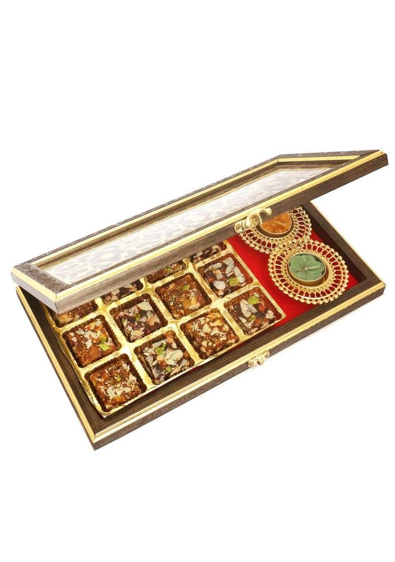 Ghasitaram Gifts - Wooden Lazer 12 pcs Sugarfree Bites Box and 2 T-Lites Box|Sugar Free Sweets|Diabetic Friendly|Diwali Sugar Sweets - Indya