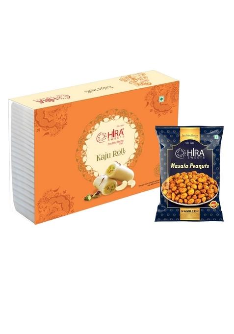 HIRA SWEETS Kaju Roll (500 g) & Masala Peanuts (400 Combo Pack | Indian Traditional Mithai Made With Finest Cashews Namkeen Festival Box