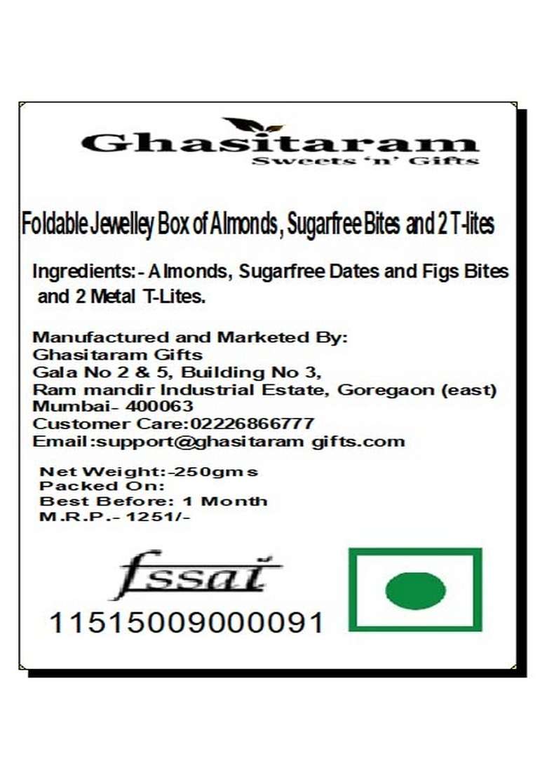 Ghasitaram Gifts Diwali - Foldable Jewelley Box of Almonds, Sugarfree Bites and 2 T-Lites|Sugar Free Sweets|Diabetic Friendly|Diwali Sugar Sweets - Indya