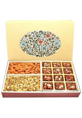 Ghasitaram Gifts Eco Print 4 Part 12 Pcs Sugarfree Dates and Figs Bites,Almonds Roasted Namkeen Hamper|Sugar Free Sweets|Diabetic Friendly|Diwali Sugar Sweets Box