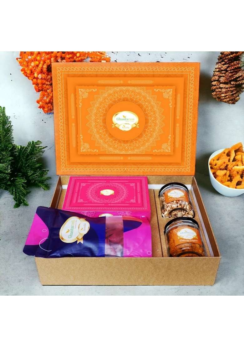 Ghasitaram Gifts Orange Hamper Box with Sugarfree Kaju Katli, Beetroot Chips, Wheat Puffs and Moong Chakli |Sugar Free Sweets|Diabetic Friendly|Diwali Sugar Sweets - Indya