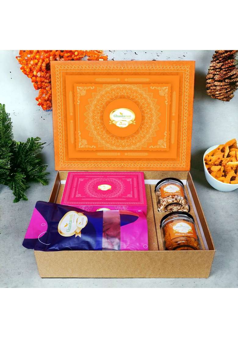 Ghasitaram Gifts Orange Hamper Box with Sugarfree Kaju Katli, Beetroot Chips, Wheat Puffs and Moong Chakli |Sugar Free Sweets|Diabetic Friendly|Diwali Sugar Sweets - Indya