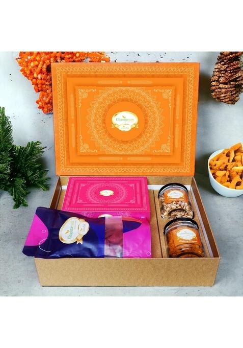 Ghasitaram Gifts Orange Hamper Box with Sugarfree Kaju Katli, Beetroot Chips, Wheat Puffs and Moong Chakli |Sugar Free Sweets|Diabetic Friendly|Diwali Sugar Sweets