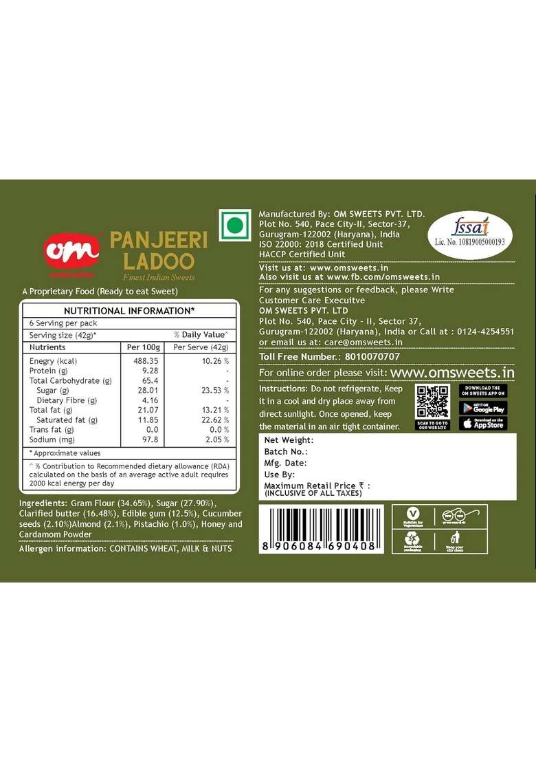 OM SWEETS & SNACKS Panjeeri Laddoo | Made With Premium Ingredients No Added Colours Or Preservatives Rich In Carbohydrates Proteins Fresh Products Indian Mithai Pure Desi Ghee Pack of 1 X 800gm - Indya
