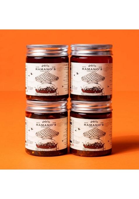 RAMANO'S Chilli Oil Variety Pack of 4, 120Gms Each with Honey, Fiery OG, Garlic Crisp, Shrimp, Sweet & Spicy Combo, Perfect for Dip Drizzling Fried Rice, Noodles, Pizza Pasta