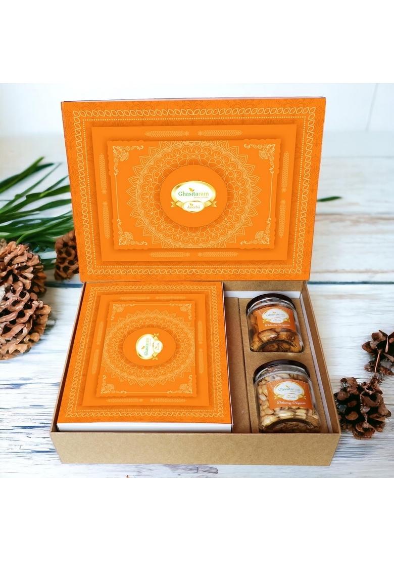 Ghasitaram Gifts Holi Sweets/Holi Hampers/Thandai Orange Hamper Box with Assorted Gujiyas, Bhakarwadi and Peanuts|Gift Hamper| Diwali Gift Hamper|Food Hampers|Gourmet Hampers|