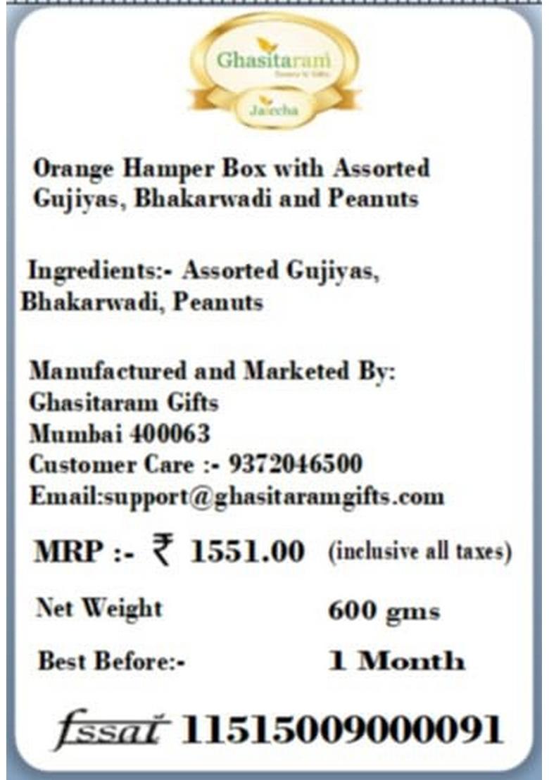 Ghasitaram Gifts Holi Sweets/Holi Hampers/Thandai Orange Hamper Box with Assorted Gujiyas, Bhakarwadi and Peanuts|Gift Hamper| Diwali Gift Hamper|Food Hampers|Gourmet Hampers|