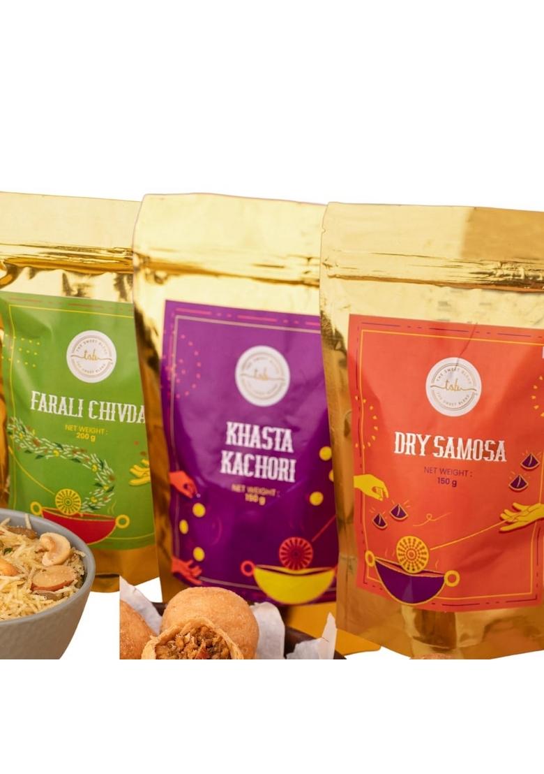 THE SWEET BLEND Namkeen Snacks Mix Combo Dry Samosa (150 g), Khasta Kachori g) & Farali Chivda (200 | Gift Box Perfect Chai-Time Festive Snack Hamper Ideal for Diwali Pack of 3