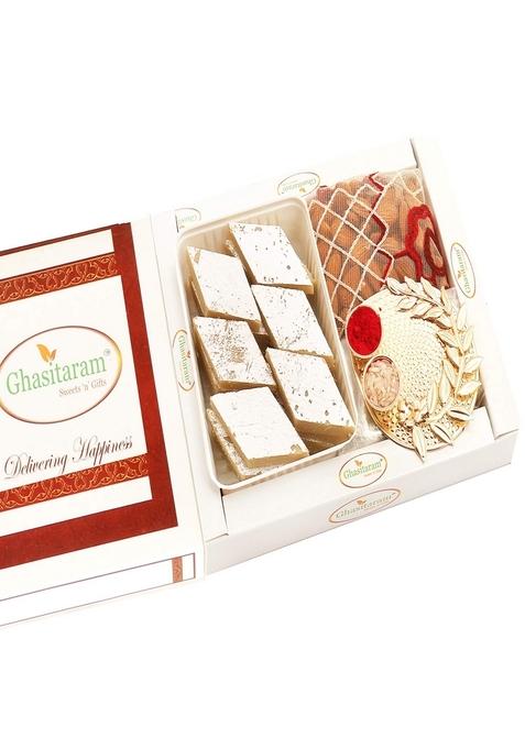 Ghasitaram Gifts Kaju Katli, Pooja Thali and Almonds Pouch|Sweets|Sweets Gift Pack|Diwali Sweets|Indian Mithai|Diwali Sweets Box|Sweets Box