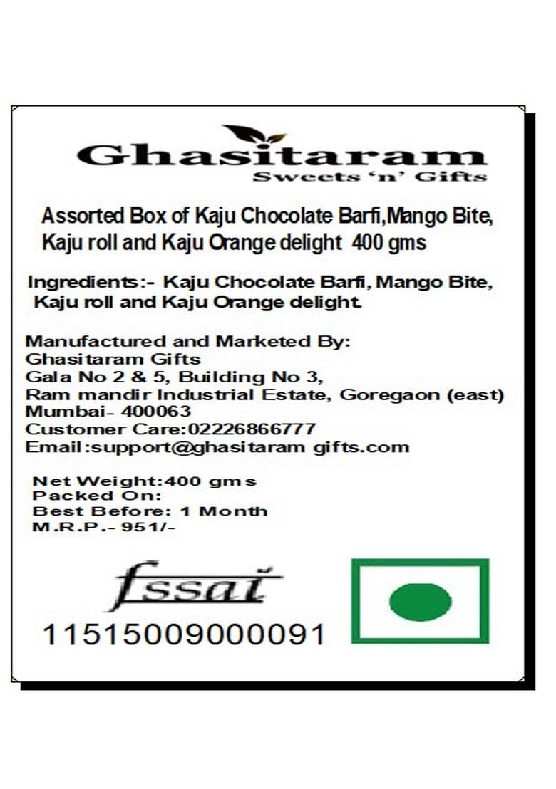 Ghasitaram Gifts Assorted Box of Kaju Chocolate Barfi,Mango Bite,Kaju roll and Orange Delight 400 GMS|Sweets|Sweets Gift Pack|Diwali Sweets|Indian Mithai|Diwali Sweets Box|Sweet