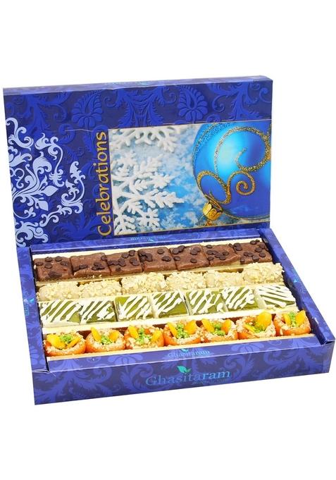 Ghasitaram Gifts Assorted Box of Kaju Chocolate Barfi,Mango Bite,Kaju roll and Orange Delight 400 GMS|Sweets|Sweets Gift Pack|Diwali Sweets|Indian Mithai|Diwali Sweets Box|Sweet