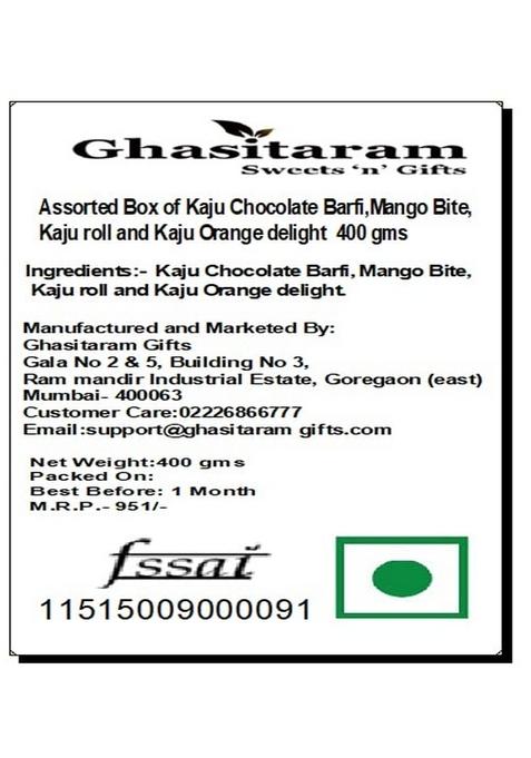 Ghasitaram Gifts Assorted Box of Kaju Chocolate Barfi,Mango Bite,Kaju roll and Orange Delight 400 GMS|Sweets|Sweets Gift Pack|Diwali Sweets|Indian Mithai|Diwali Sweets Box|Sweet