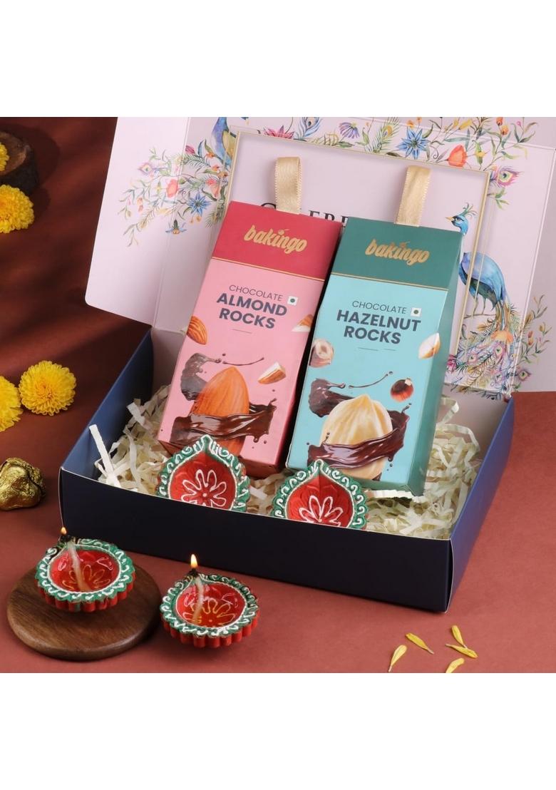 Floweraura Premium Diwali Gift Box of Almonds Rock, Hazelnut Riocks, Set 4 Terracotta Diyas | Corporate Gifting Tradational For Relatives & Friends (Same Day Delivery)