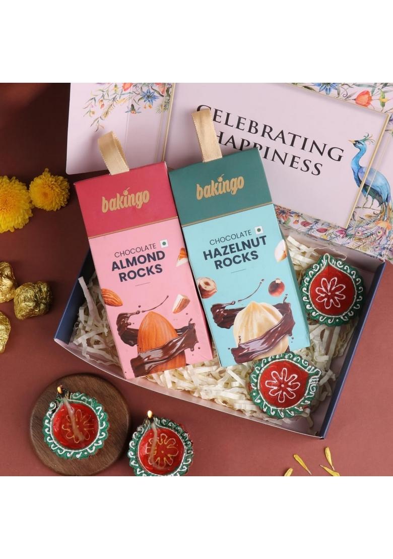 Floweraura Premium Diwali Gift Box of Almonds Rock, Hazelnut Riocks, Set 4 Terracotta Diyas | Corporate Gifting Tradational For Relatives & Friends (Same Day Delivery)