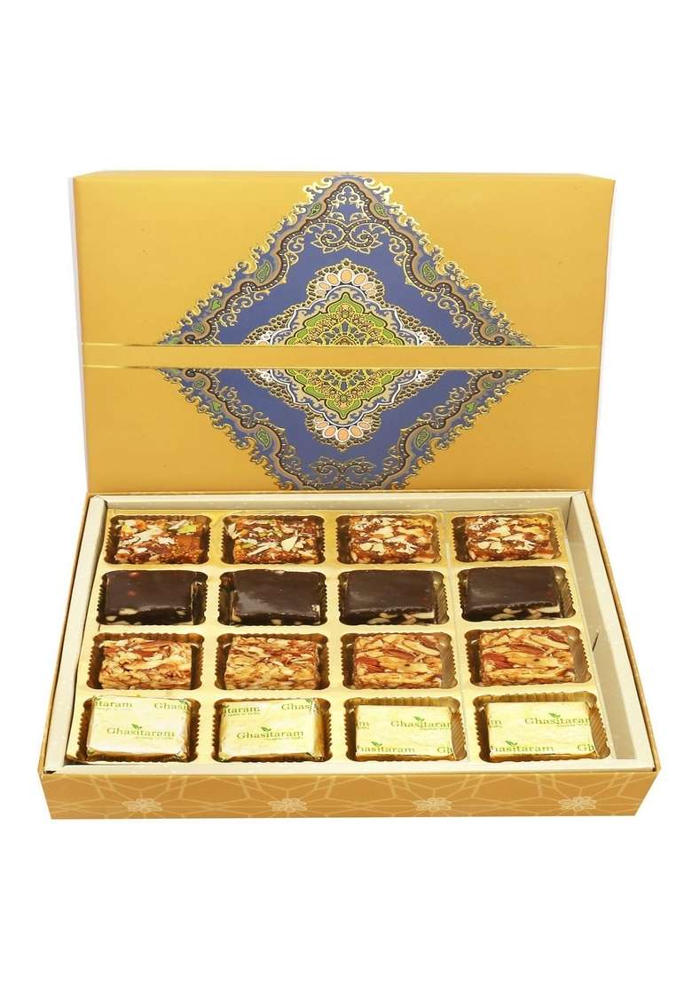 Ghasitaram Gifts 16 pcs Assorted Bites SQ Box|Sugar Free Sweets|Diabetic Friendly|Diwali Sugar Sweets Box - Indya