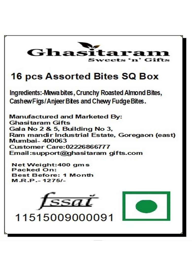 Ghasitaram Gifts 16 pcs Assorted Bites SQ Box|Sugar Free Sweets|Diabetic Friendly|Diwali Sugar Sweets Box - Indya