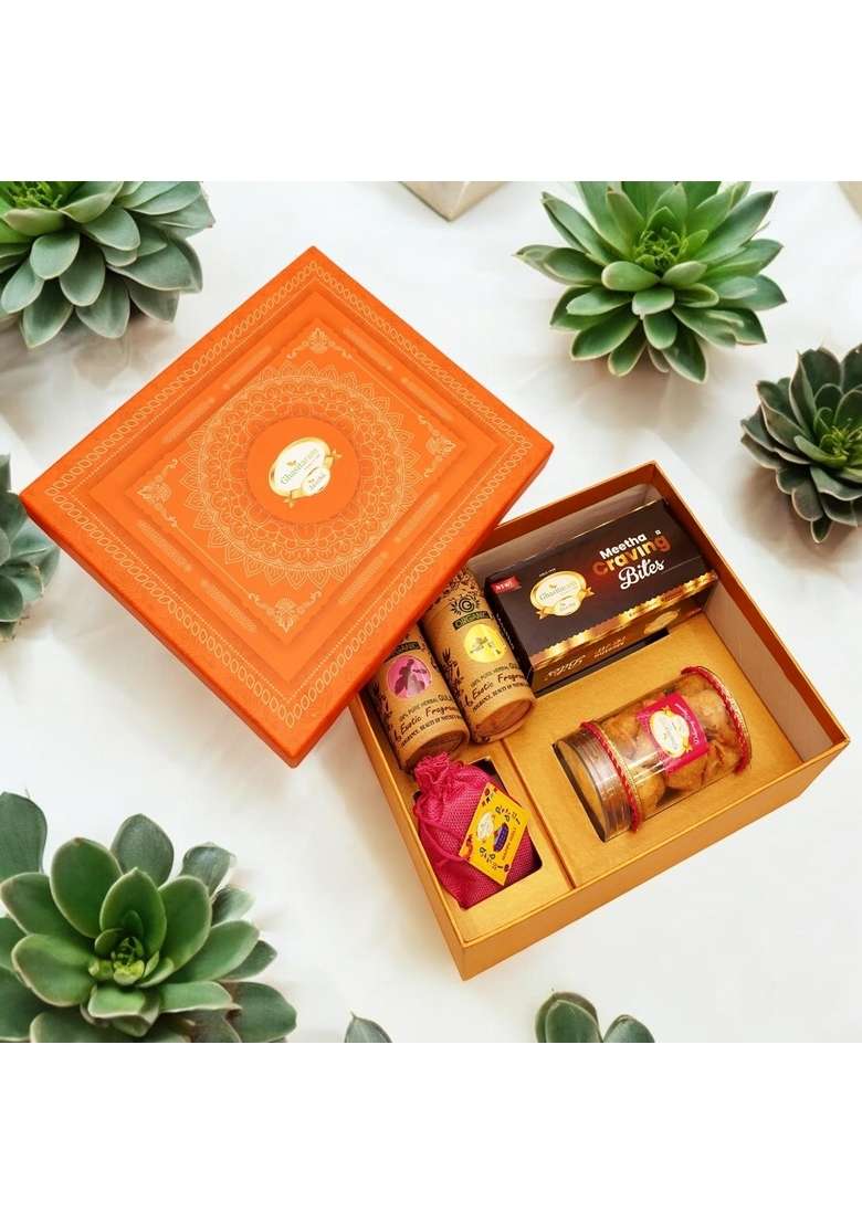 Ghasitaram Gifts Holi- Sweets/Holi Hampers/Thandai Orange Hamper Box of Sweets/Bites, Namkeen, Dryfruits, Thandai and Organic Gulal - Indya