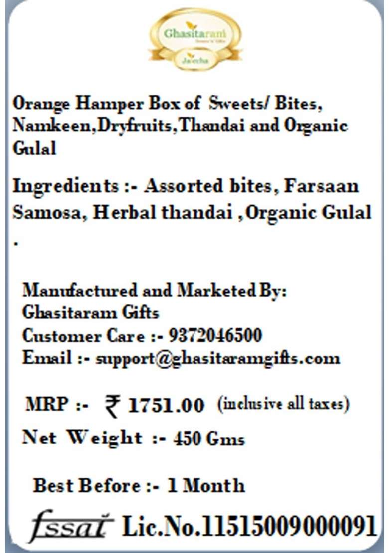 Ghasitaram Gifts Holi- Sweets/Holi Hampers/Thandai Orange Hamper Box of Sweets/Bites, Namkeen, Dryfruits, Thandai and Organic Gulal - Indya