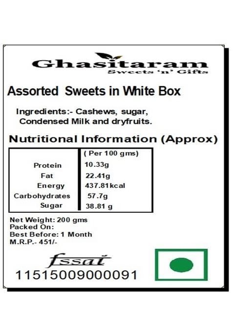 Ghasitaram Gifts Assorted Sweets in White Box|Sweets|Sweets Gift Pack|Diwali Sweets|Indian Mithai|Diwali Box|Sweets Box