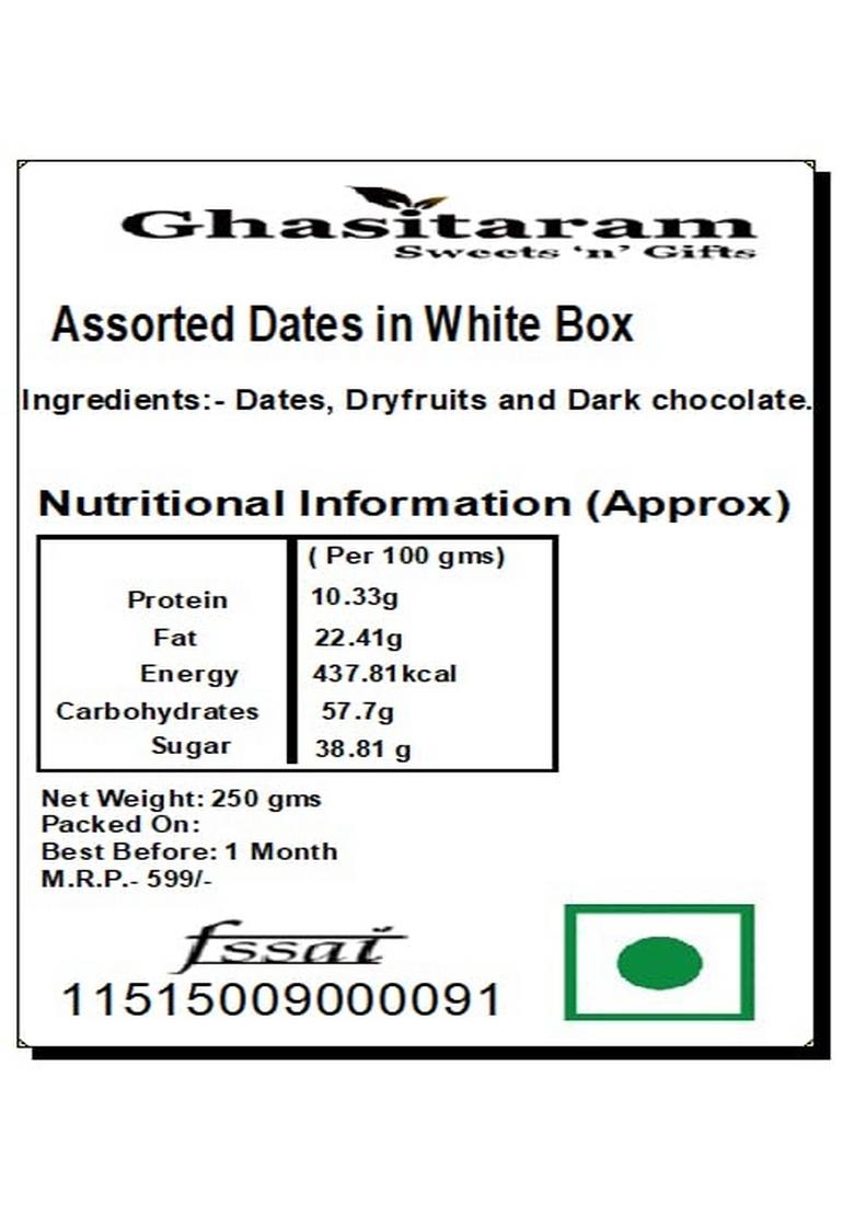 Ghasitaram Gifts Sweets -Assorted Dates in White Box |Gift for Diwali,Holi,Rakhi,Valentine,Christmas,Birthday,Anniversary,Gift Her,Him,Mothers Day,Fathers Day|