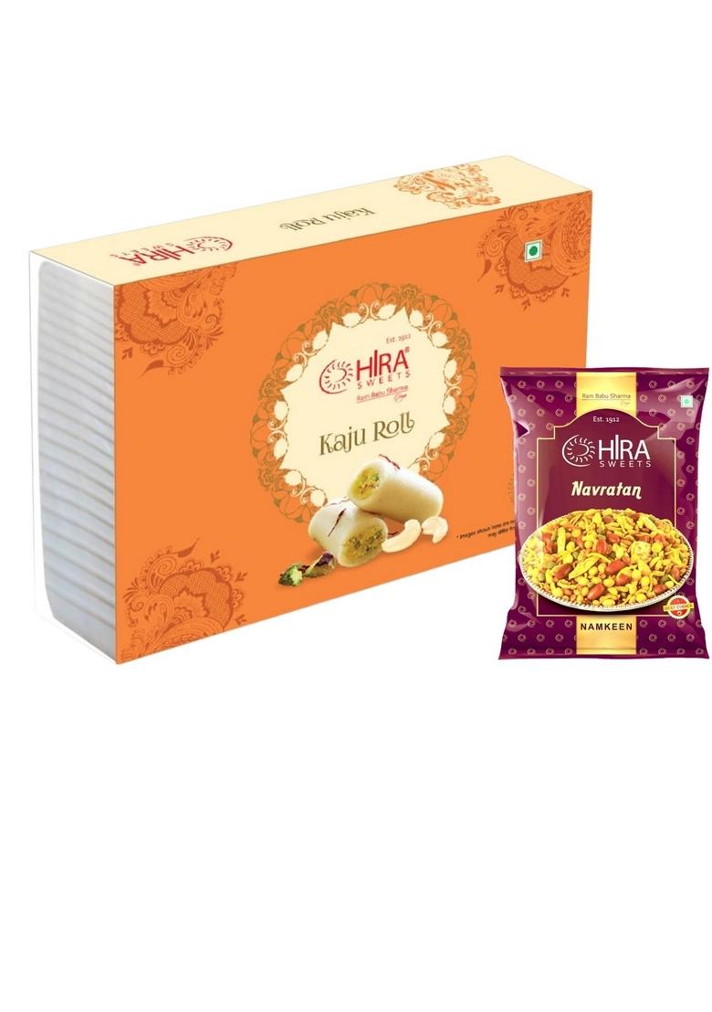 HIRA SWEETS Kaju Roll (500 g) & Navratan (400 Combo Pack | Indian Traditional Mithai Made With Finest Cashews Namkeen Festival Box
