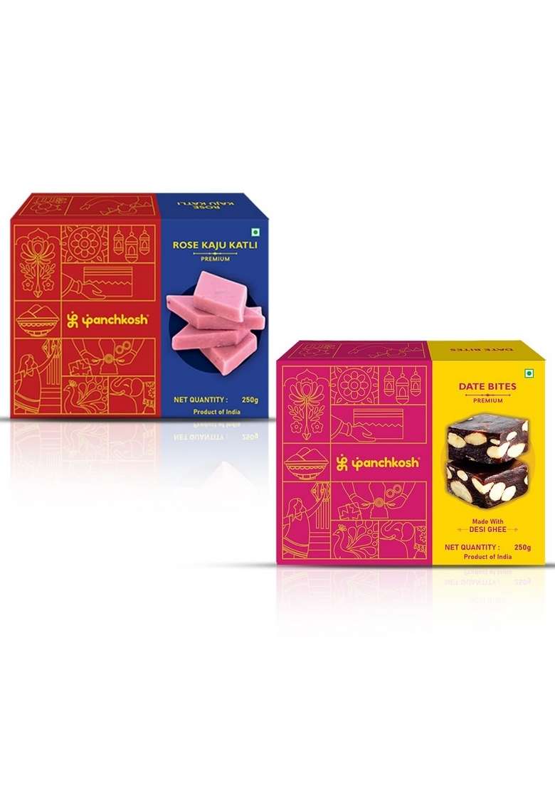 PANCHKOSH Premium Rose Kaju Katli & Date Bites Combo Pack - 500g | Barfi (250g) + Natural Made with Pure Desi Ghee Aromatic Indian Sweet Gift Box for Diwali, Rakhi, Weddings Corporate Gifting - Indya
