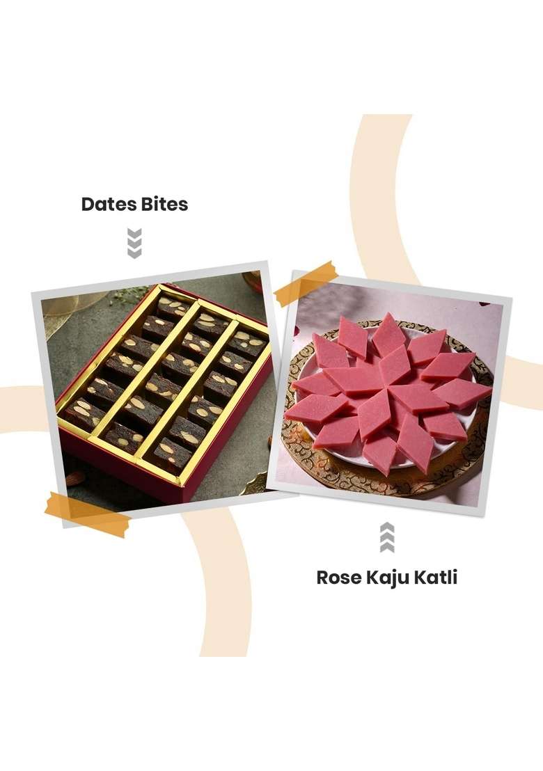 PANCHKOSH Premium Rose Kaju Katli & Date Bites Combo Pack - 500g | Barfi (250g) + Natural Made with Pure Desi Ghee Aromatic Indian Sweet Gift Box for Diwali, Rakhi, Weddings Corporate Gifting - Indya